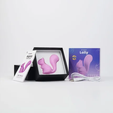 Vibrador Puffy CamToyz en silicona extra suave color rosa con diseño de ardilla.