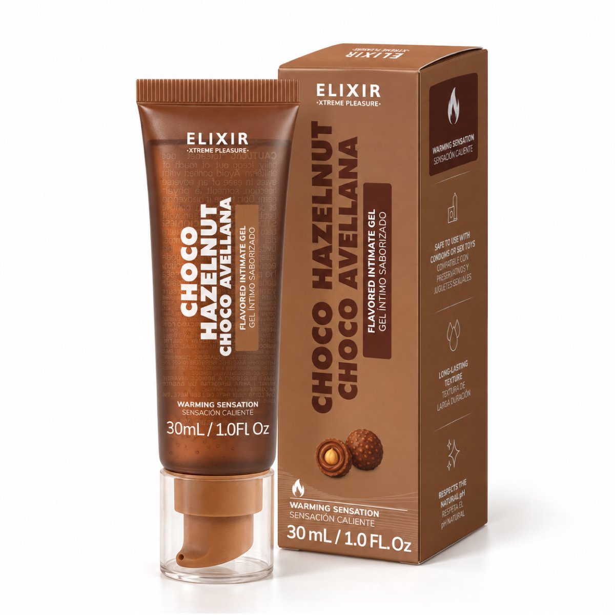 caja-y-envase-calientes-2.jpg.jpeg Gel íntimo saborizado Choco Avellana Elixir 30ml - empaque del producto
